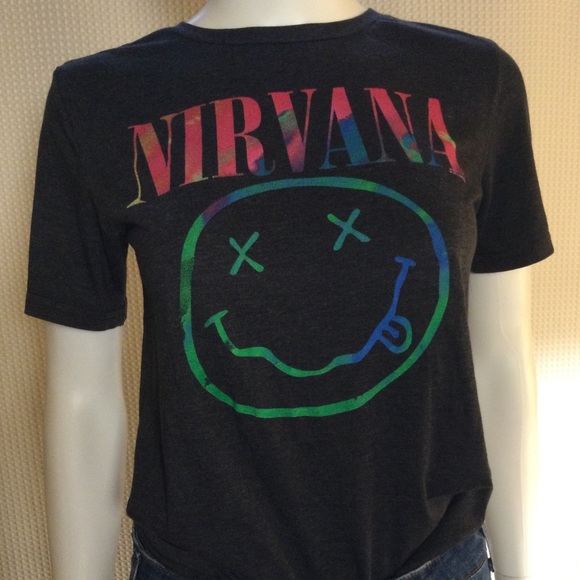 NIRVANA Tops - ❤️HP!❤️ NIRVANA Multicolor Smiley Face Band Name Black T-Shirt